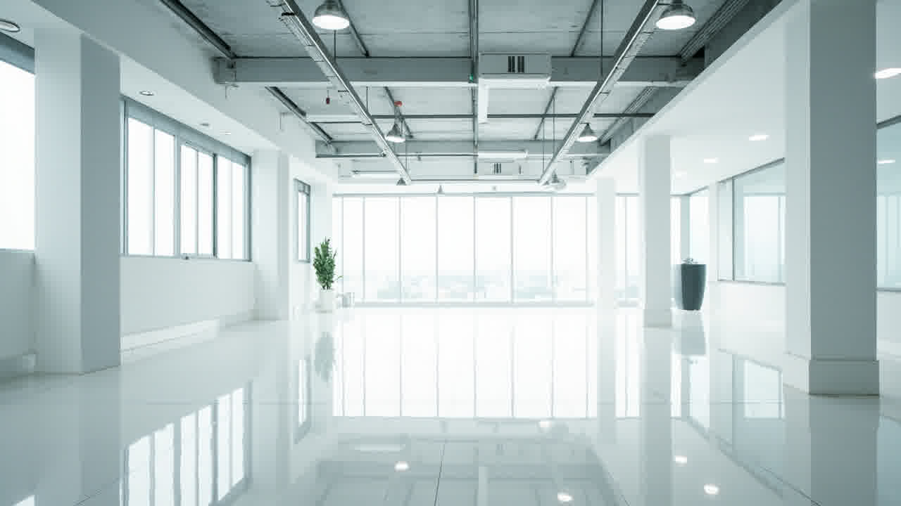 Interior kantor baru selesai renovasi dengan ventilasi terbuka