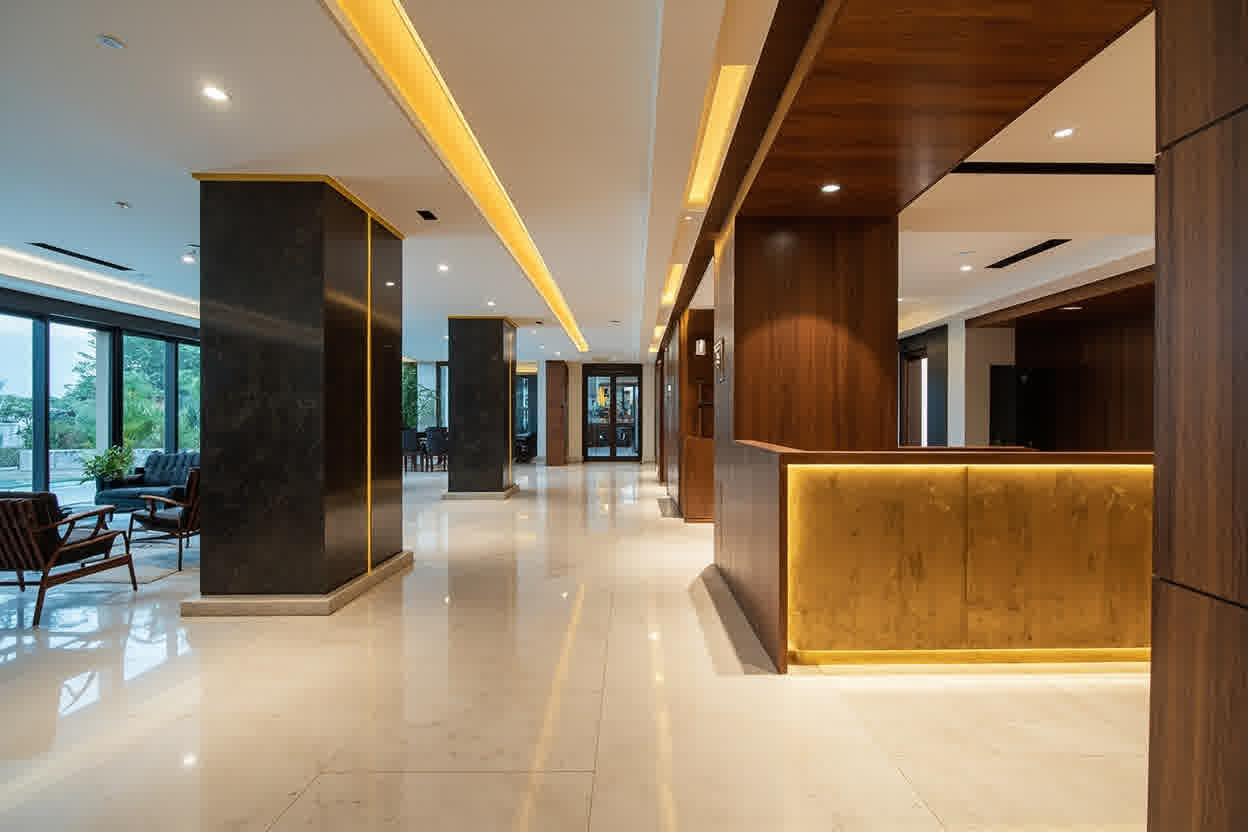 Lobi hotel modern dengan desain kontemporer, pencahayaan terpadu, dan furnitur premium