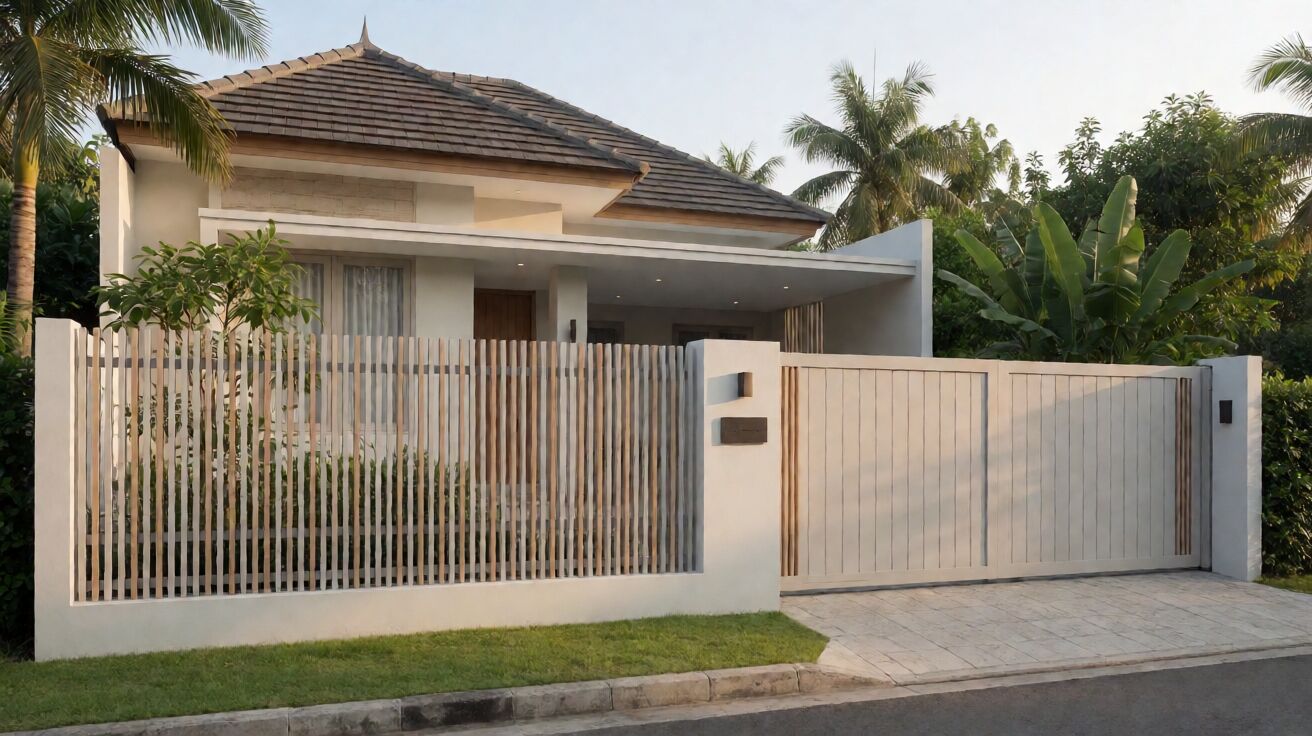 Pagar rumah minimalis modern kombinasi baja ringan dengan roster kayu dan finishing powder coating warna putih, teras depan rumah tropis suburban dengan pencahayaan hangat sore hari.