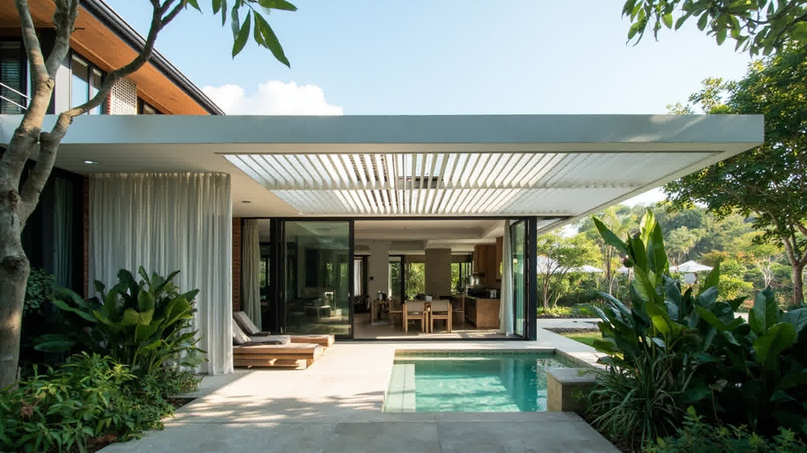 Kanopi Aluminium dengan profil extrusionseri terpasang di atas teras depan rumah residensial tropis Indonesia.