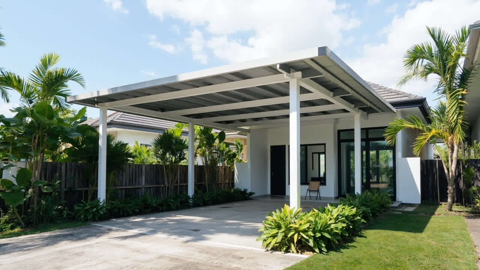 Kanopi Baja Ringan dengan struktur CSPF dan atap metal terpasang di area carport rumah tinggal Indonesia.