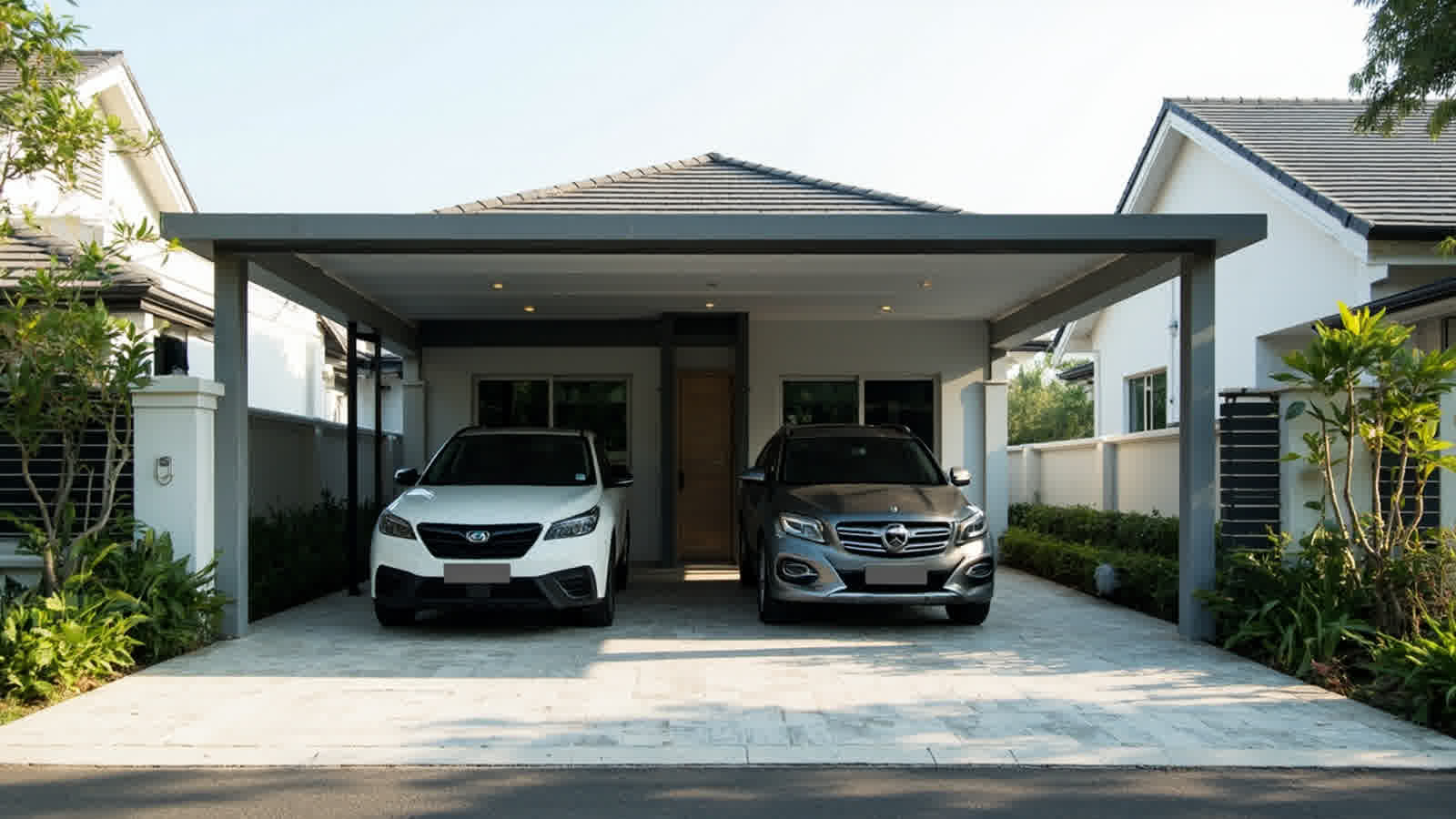 Kanopi Carport dengan struktur aluminium dan atap polynesia terpasang di atas area parkir dua kendaraan rumah suburb Indonesia.