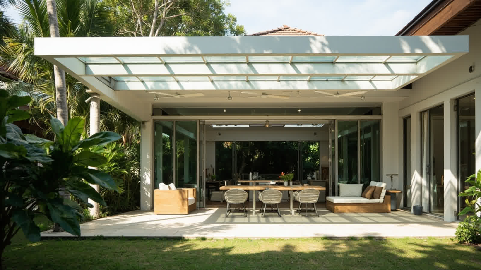 Kanopi Teras Rumah dengan atap polycarbonate bening terpasang di atas patio depan rumah residensial tropis Indonesia.