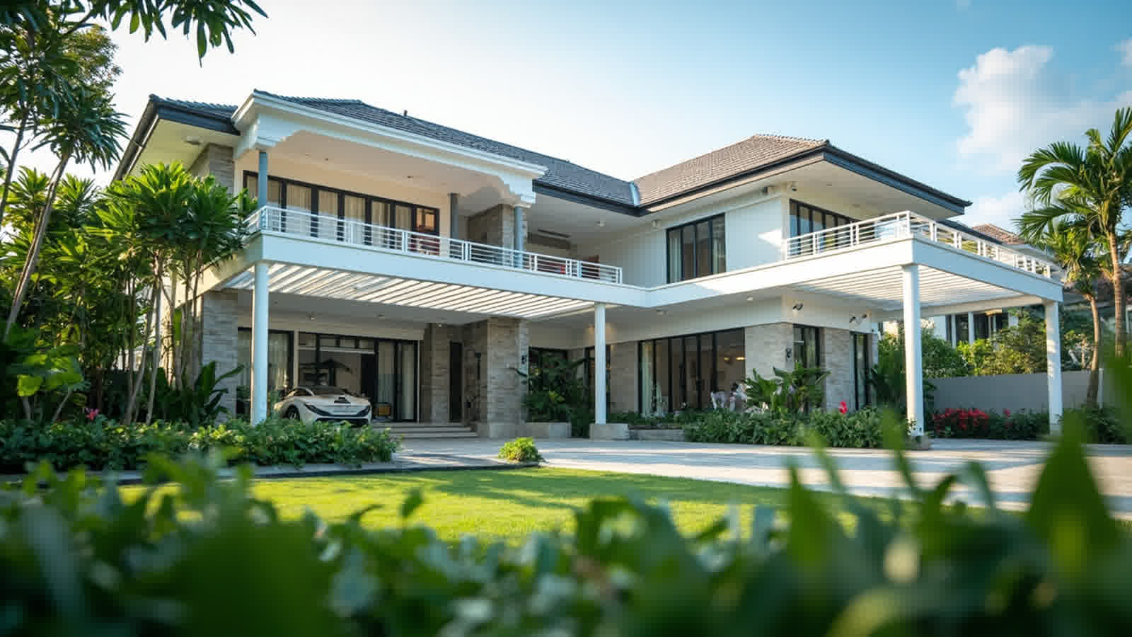 Kanopi untuk Rumah dengan struktur aluminium terpasang di atas area carport dan teras depan rumah minimalis Indonesia.