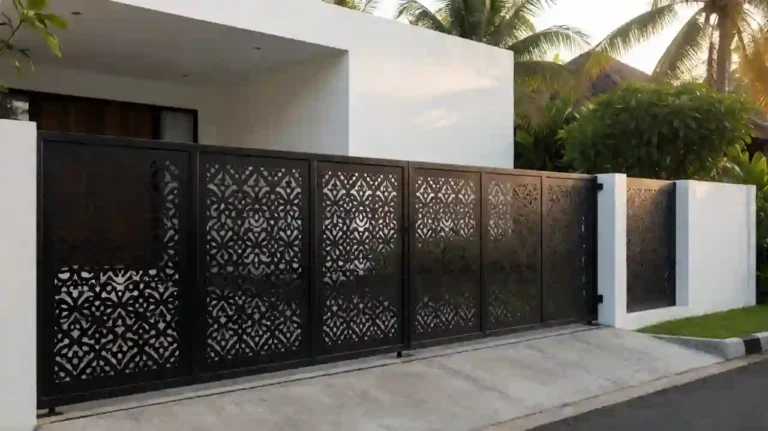 Pagar rumah minimalis modern dengan hollow galvanis coating hitam dan motif laser cutting, berdiri di atas pondasi beton dengan celah drainase