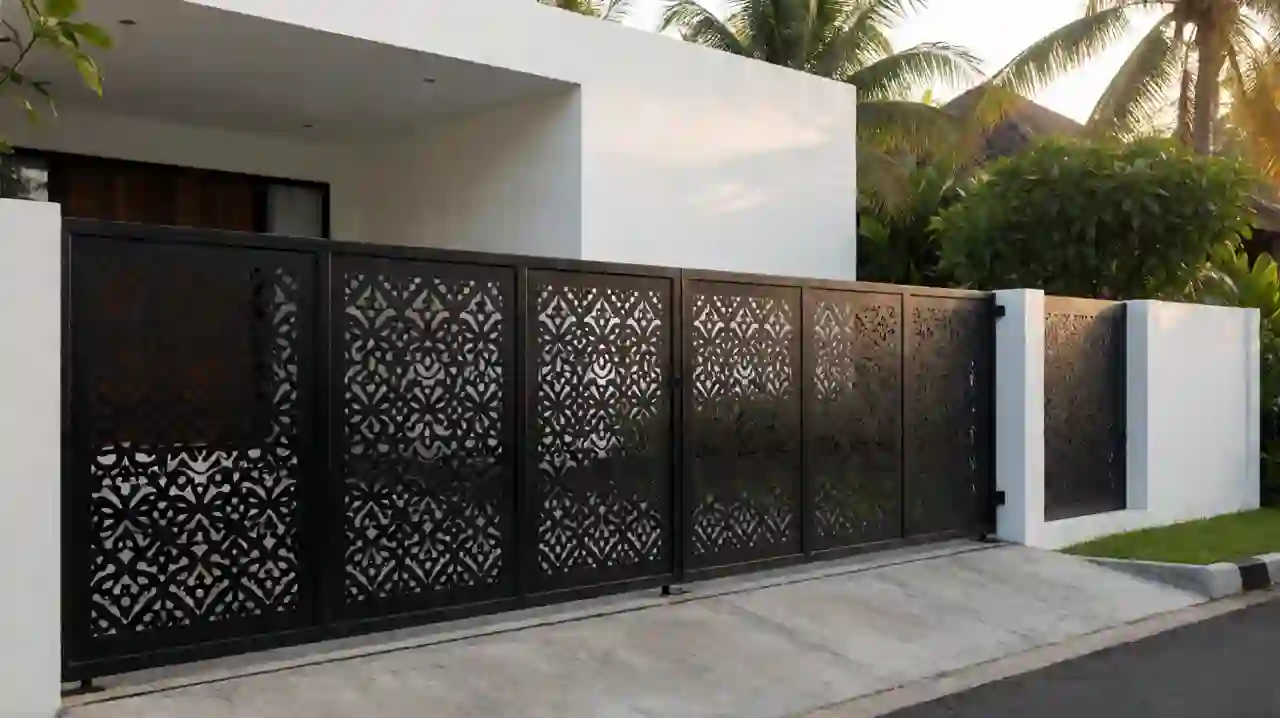 Pagar rumah minimalis modern dengan hollow galvanis coating hitam dan motif laser cutting, berdiri di atas pondasi beton dengan celah drainase