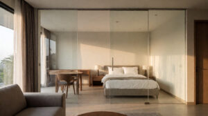 Partisi ruangan geser kaca frameless untuk apartemen studio